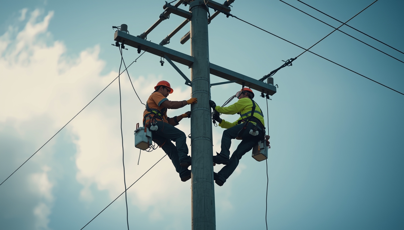 Técnicos instalando postes e extensão de rede elétrica em Volta Grande com equipamentos de segurança.