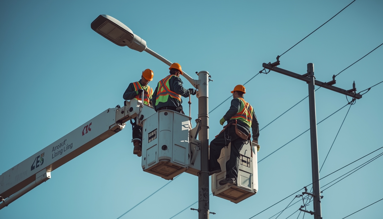 Equipe de iluminação pública realizando manutenção em postes com caminhão munck e instalação de luminárias LED em Nova Friburgo, Brasil. Eletricistas usando EPIs e trabalhando em ambiente urbano moderno.